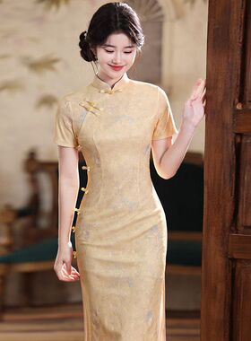 爱旗短袖改良夏季黄色国风新中式新款年轻长款旗袍复古高级感女20