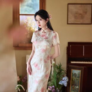 夏露印花改良旗袍旗袍文艺年春款 粉色日常年轻2025甜美 中长款 修身