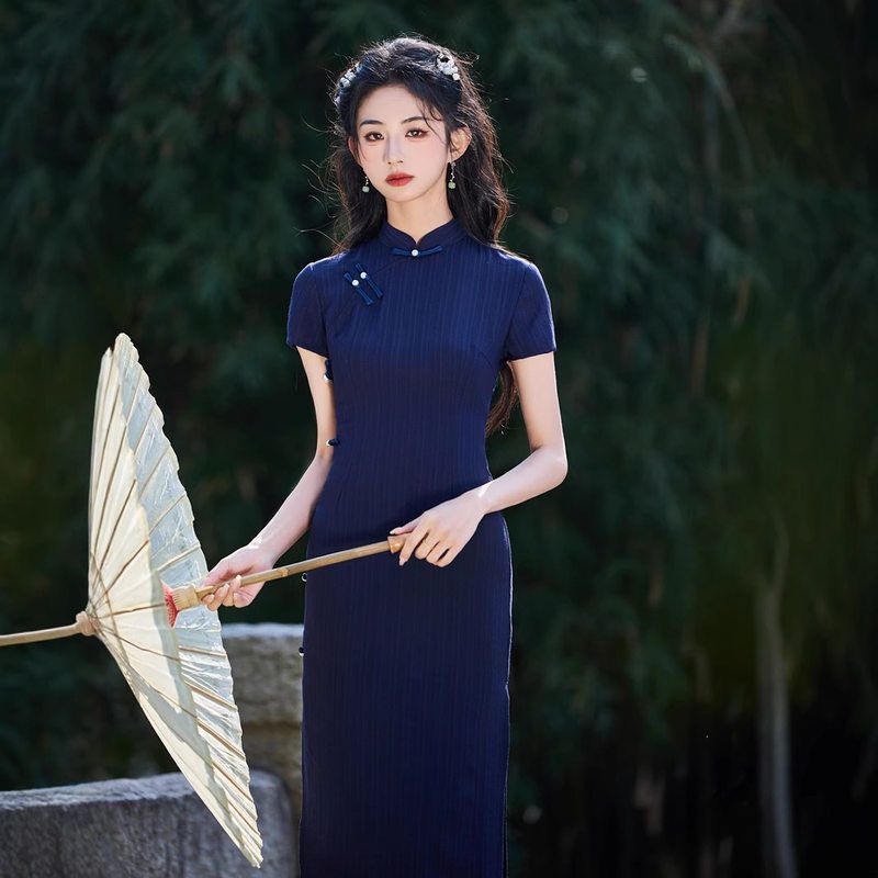 曼玉复古典雅棉麻弹力现代风少女旗袍裙新款改良春夏条纹2025文艺