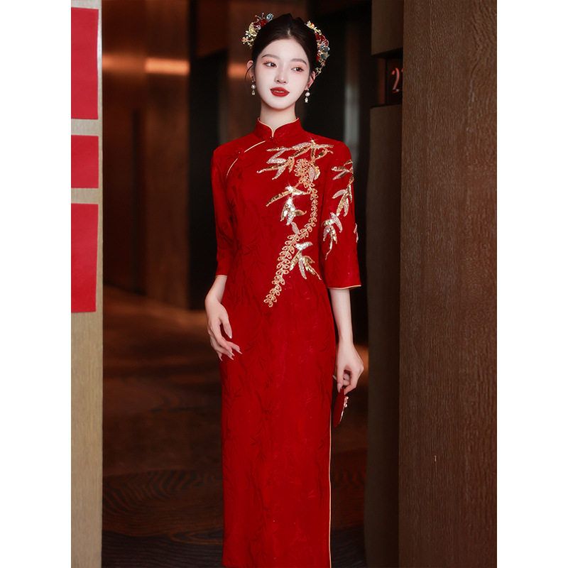 洛士中式敬酒服旗袍红色倒大袖秋冬季结婚礼服裙新娘便装当天订婚