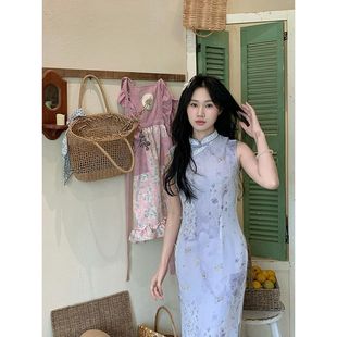 洛士少女温婉文艺连衣裙夏季 复古旗袍日常 改良无袖 紫色素雅新中式