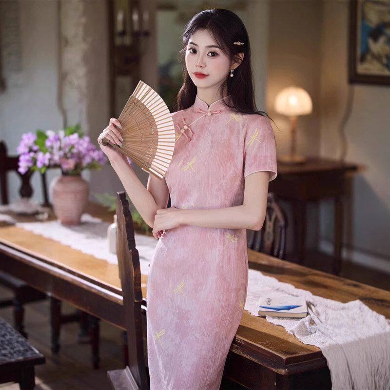 苏瑾侧扣夏季2025旗袍节节高粉红色现货仿旗袍麻竹节 短袖送考升