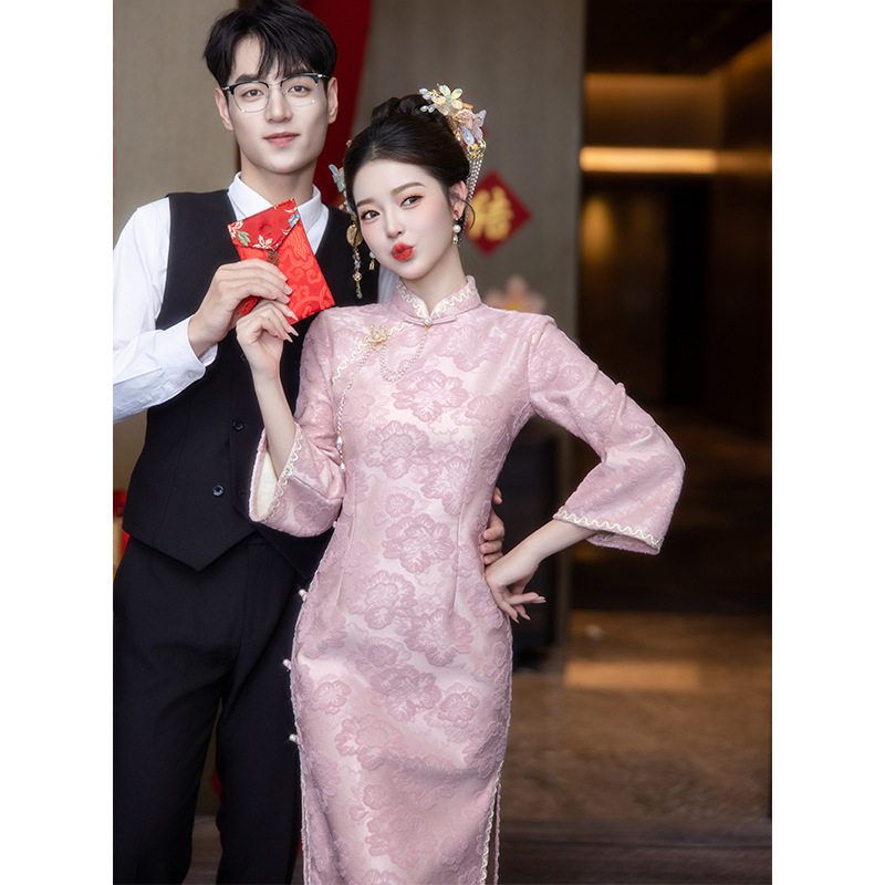洛士新娘订婚日常粉色礼服裙旗袍回门便装可穿新中式秋冬季结婚敬