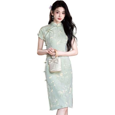 韵格新款女古法新中式高考2025贝之韵送考改良旗袍绿色夏季小个子