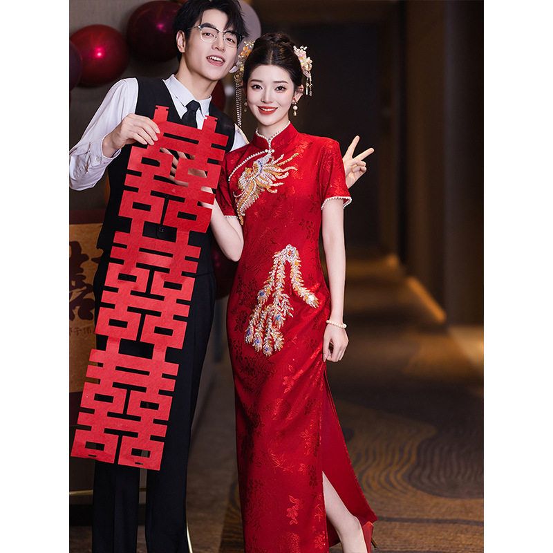洛士订婚结婚夏季回门红色重工旗袍便装新娘礼服裙长款中式敬酒服