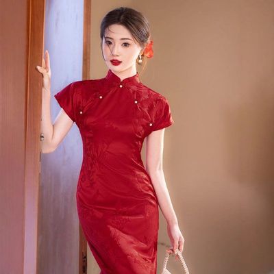 韵格宴红色旗袍回门敬酒服中式春季2025女新款订婚新娘连衣裙礼服