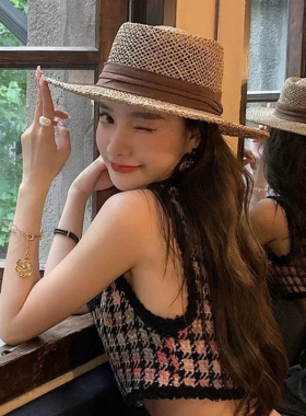 老钱风咸草帽子女夏季平顶法式草帽网红手工编织海边度假遮阳礼帽