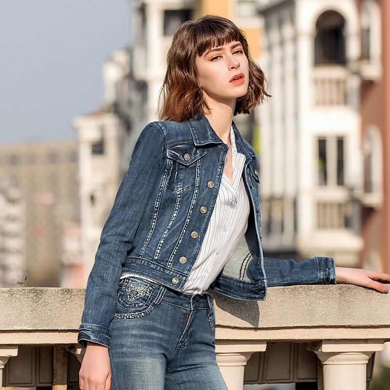 caco品牌牛仔外套女复古时尚短款休闲牛仔夹克断码特惠