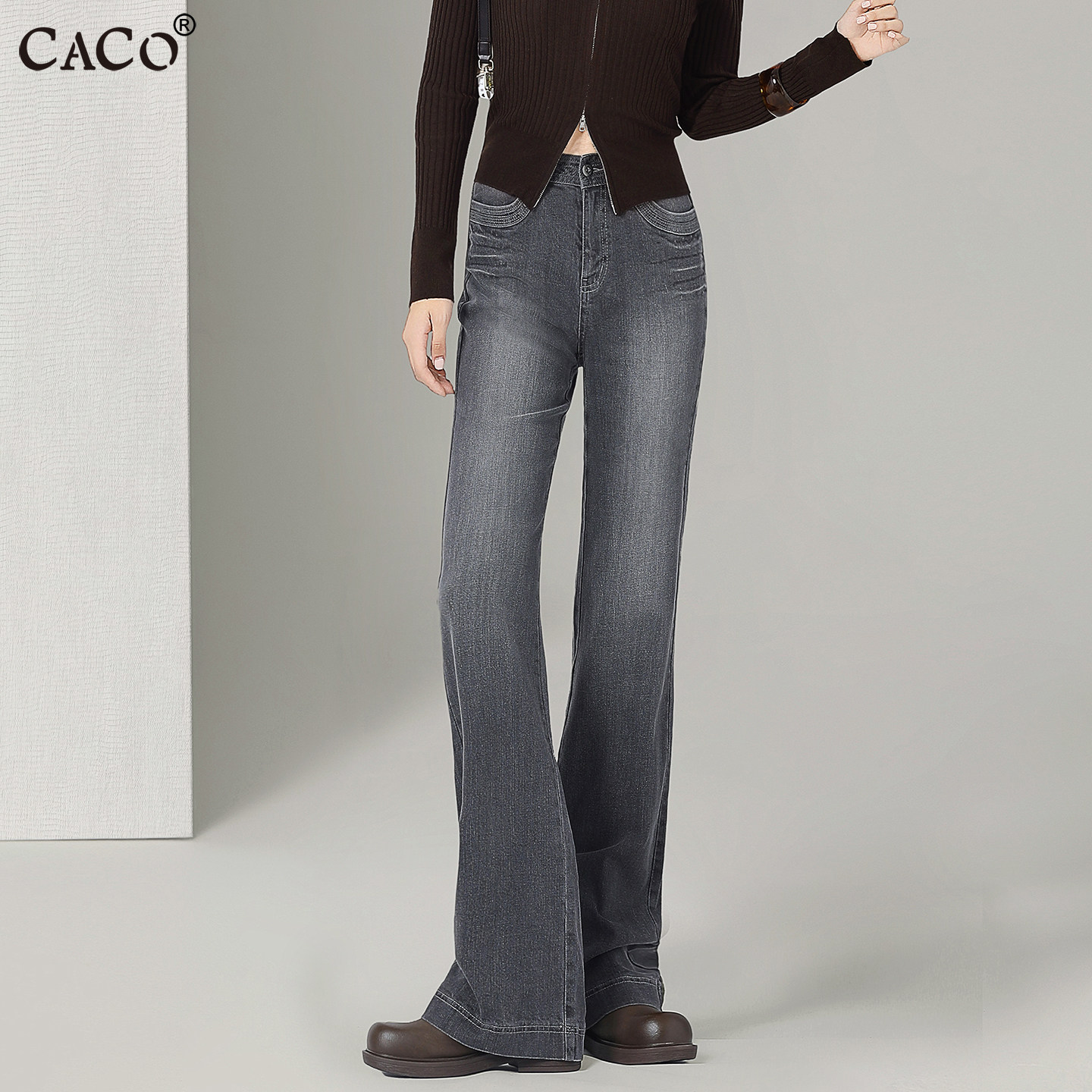 宽松直筒小阔腿牛仔裤女复古时尚设计感深灰色提臀显瘦加长裤