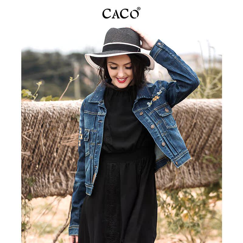 CACO品牌牛仔外套女2026翻领复古时尚短款休闲牛仔夹克上衣
