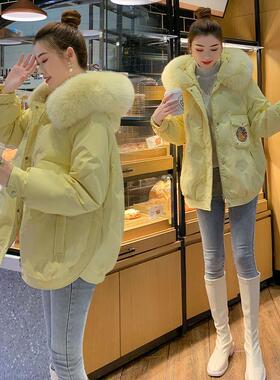 大毛领提花羽绒棉衣连帽短款外套韩版年轻减龄女款冬季年轻时尚