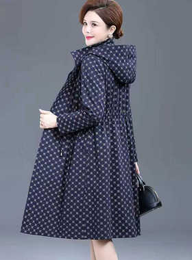 夹棉加厚高档印花中长款风衣女中老年大码宽松束腰连帽外套妈妈装