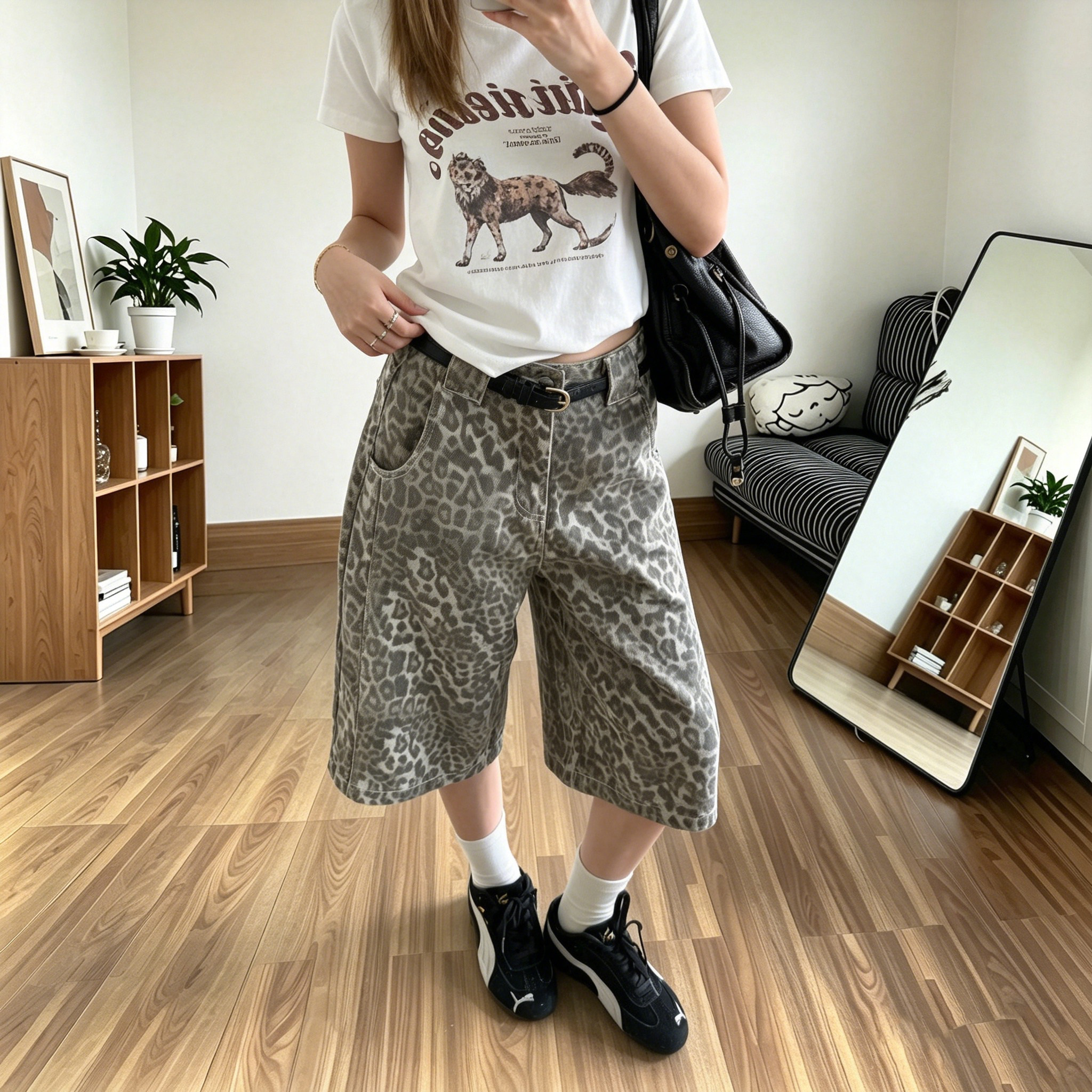 国潮美式复古宽松豹纹牛仔七分裤女夏季高街cleanfit阔腿短裤