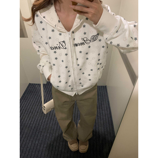 五角星满印短款卫衣女秋冬加绒双拉链学院风大童初中高中学生外套