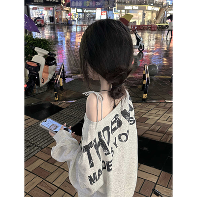 美式复古辣妹斜肩长袖卫衣女