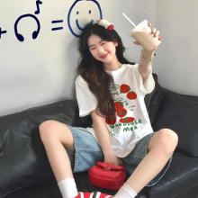 红色西红柿印花纯棉短袖t恤女夏季大童初中高中学生上衣服宽松ins