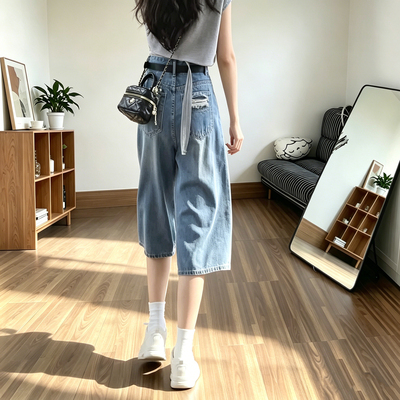 大码破洞天丝七分牛仔裤女夏季