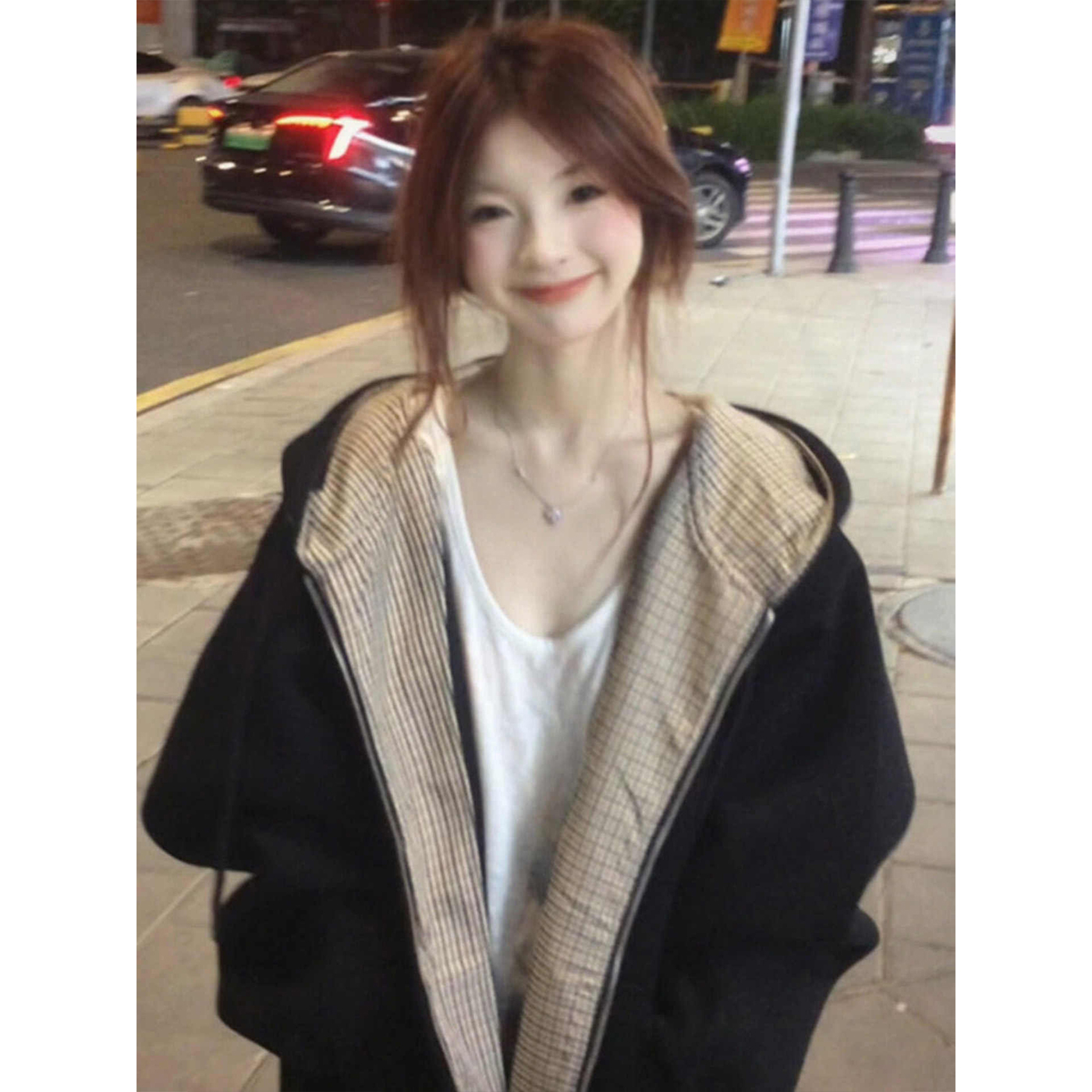 美式复古拉链连帽卫衣女春秋宽松