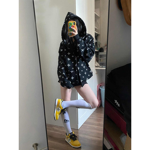 美式高街十字架开衫连帽卫衣女春秋季外套大童初中高中学生棒球服