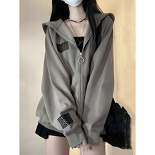 美式复古潮牌连帽卫衣女春秋慵懒风薄款大童初中高中学生开衫外套