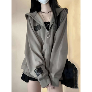 美式复古潮牌连帽卫衣女春秋慵懒风薄款大童初中高中学生开衫外套