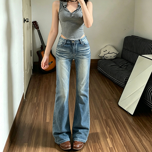 美式复古低腰窄版直筒牛仔裤女2026夏季薄款弹力修身微喇拖地裤子