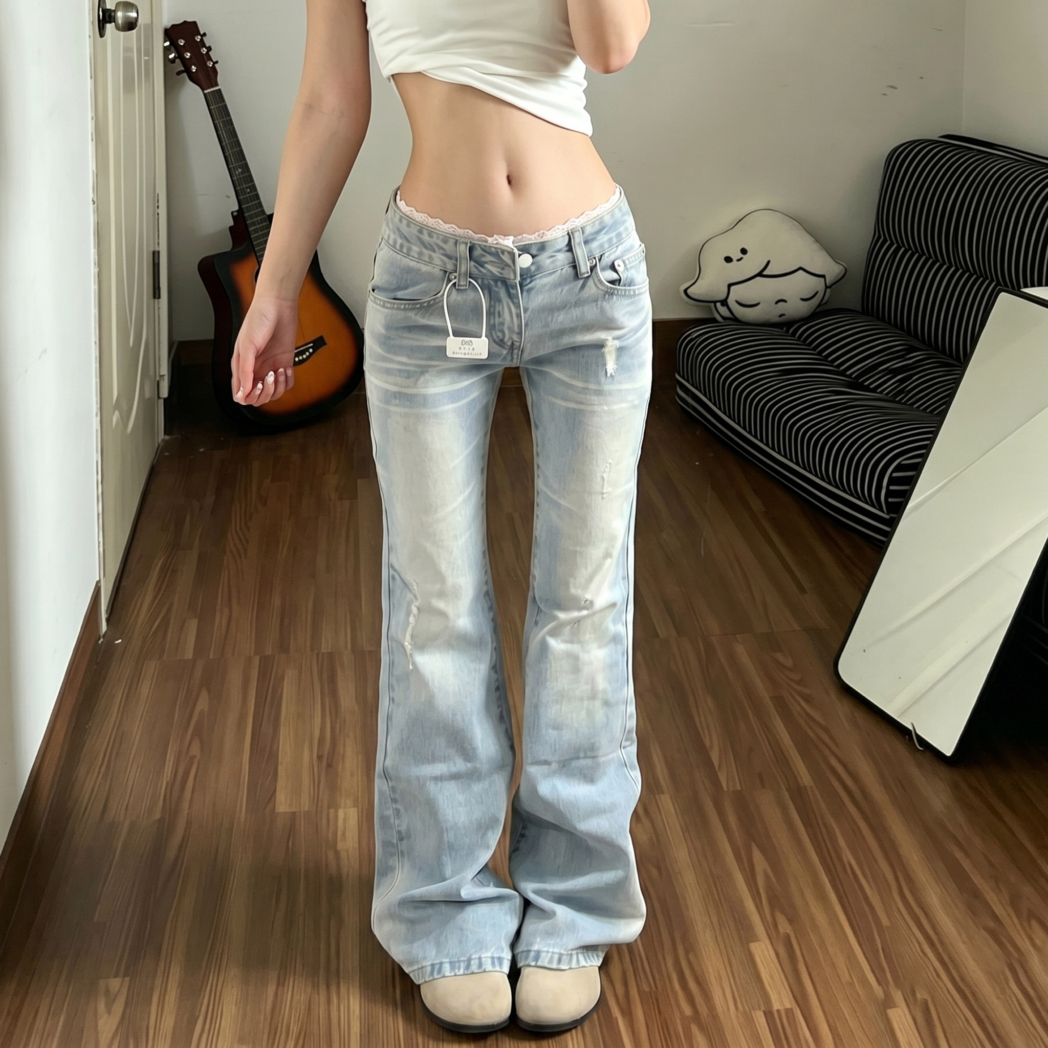 低腰裤子女款紧身蕾丝喇叭裤图片