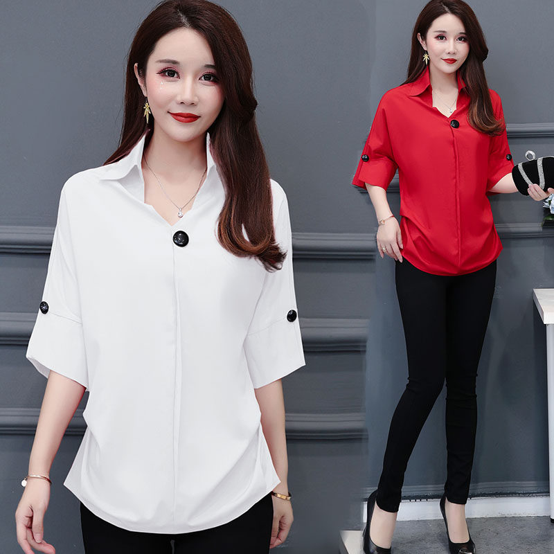 适合胖女人穿的遮肚显瘦小衫2019很仙雪纺上衣大码夏短袖洋气衬衫在类目 女装/女士精品, 大码女装中 - 来自Buy2taobao.com提供专业的淘宝代购服务