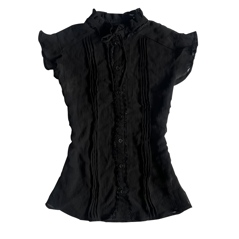 thumbnail for The new shirt solid color fungus side stand-up collar shirt vintage slim waist slim design top