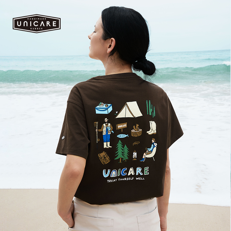 UNICARE插画春夏短袖女 圆领T恤 户外复古运动休闲上衣 2025新款