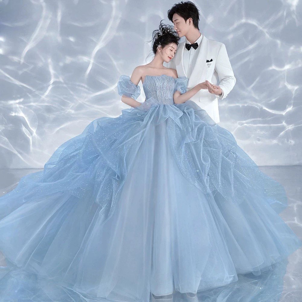 影楼主题蓝色抹胸拖尾婚纱甜美时尚公主风情侣摄影旅街拍照礼服装