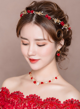 森系新款新娘结婚头饰韩式仙美红色玫瑰花朵发箍发带婚啥礼服发饰