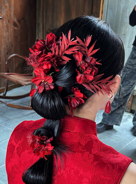 新娘头饰红色树叶花朵发簪女龙凤呈祥旗袍晨袍发饰汉服新中式配饰