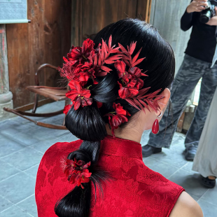 新娘头饰红色树叶花朵发簪女龙凤呈祥旗袍晨袍发饰汉服新中式配饰
