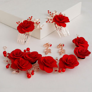 复古中式 新娘头饰红色绒布发饰发箍软链结婚敬酒服礼服配饰品