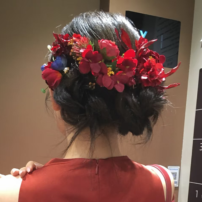 超仙新娘红色仿真花手工头花盘发套装结婚敬酒服秀禾花朵拍照头饰