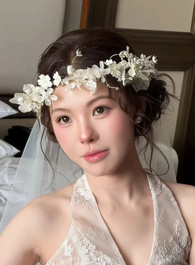 新娘白色超仙仿真蕾丝花朵羽毛头饰婚纱礼服配饰森系造型发饰