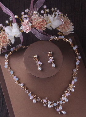 新娘饰品纯手工结婚套链浅金色婚纱配饰森系发带头饰项链耳环韩式