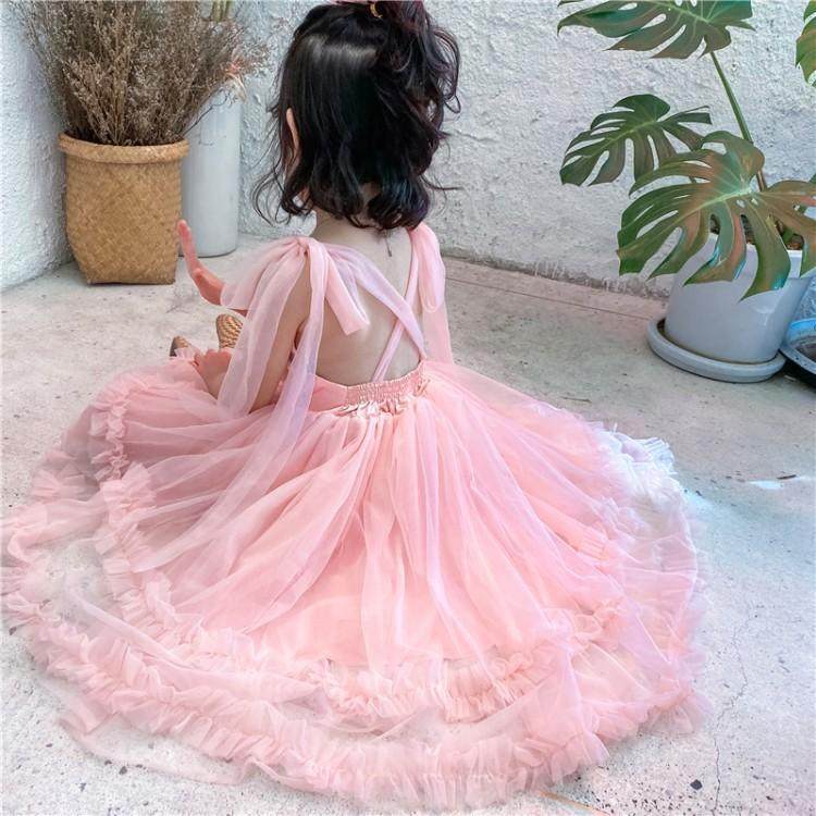 。女童粉色吊网纱裙蓬蓬蛋糕裙超仙气露背爱心连衣裙气质仙女公主