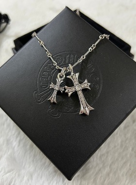 七夕礼物双十字架镀金镶钻纯银项链吊坠男女情侣梦易玲同款锁骨链