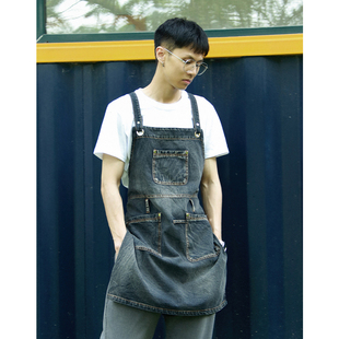 韩版牛仔围裙定制logo印字工作服女家用厨房餐饮火锅店冷饮店男