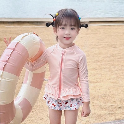 女童泳衣女孩速干分体泳衣套装宝宝泳衣长袖泳装网红泳衣裙甜美潮