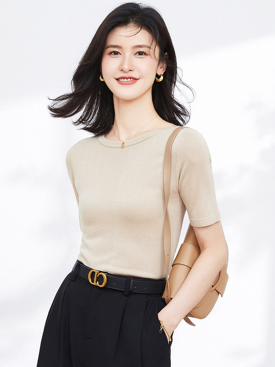 TENCEL 여성 티셔츠 2024 새로운 패션 단순 라운드 넥 짧은 소매 솔리드 컬러 니트 아이스 실크 탑 여성 여름 다목적