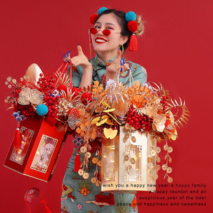 春节如意丰登年宵花福桶装饰礼盒鲜花包装盒手提花盒元宵折叠花桶