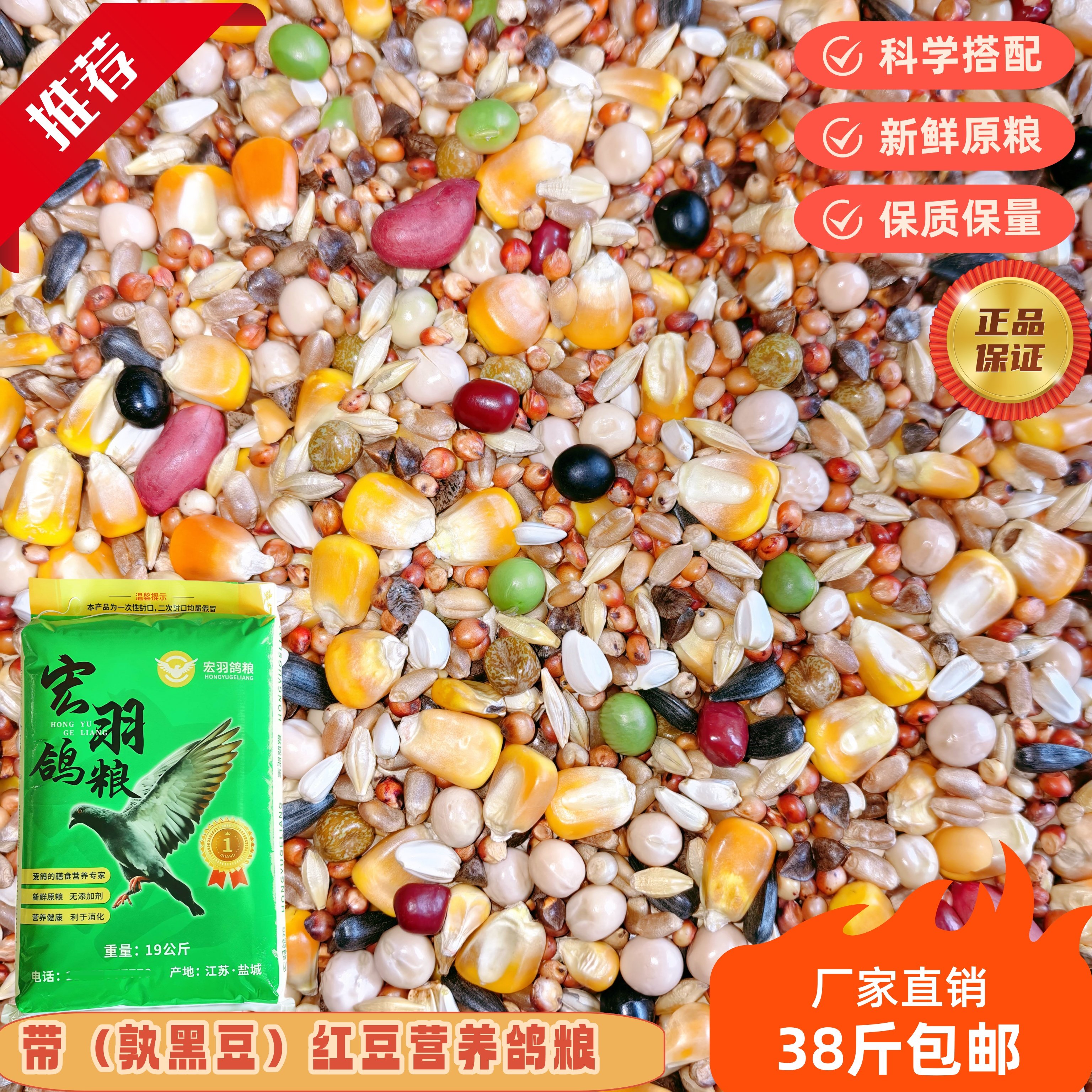 宏羽鸽粮有玉米孰黑豆营养赛飞饲料信鸽观赏鸽子粮食38斤多省包邮