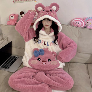 卡通loopy海狸珊瑚绒睡衣女秋冬季加厚保暖连帽学生可外穿家居服