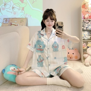 大码宽松卡通丑鱼汉顿睡衣女夏季薄款冰雪丝短袖学生卡通家居服