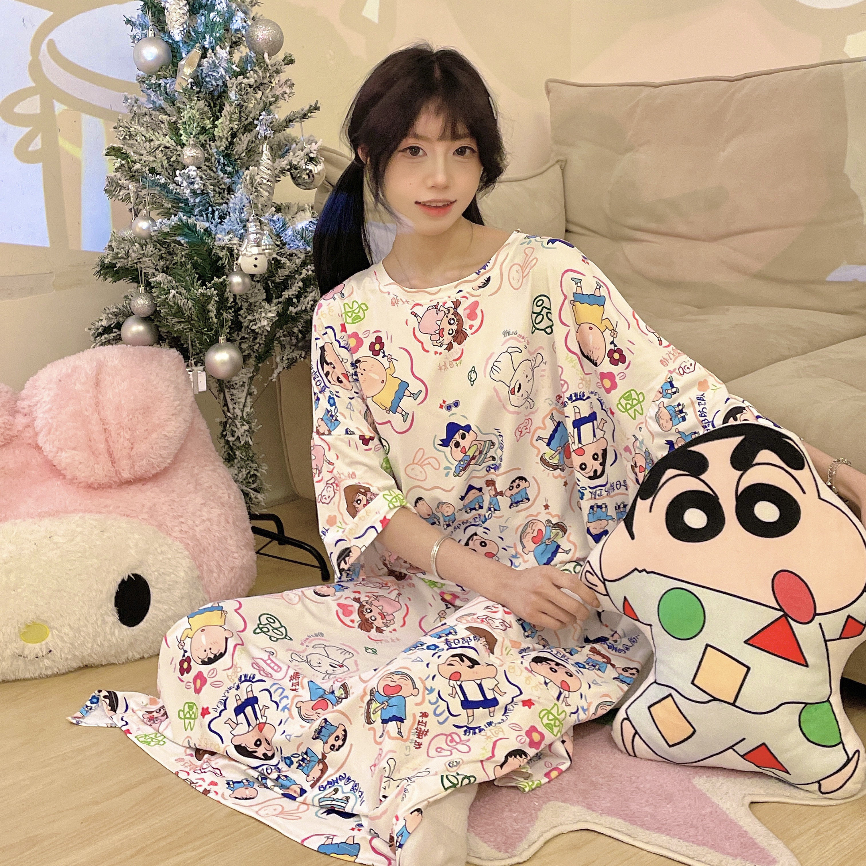 可爱腊笔小新夏季睡裙女薄款冰丝棉加大码宽松胖mm卡通学生家居服