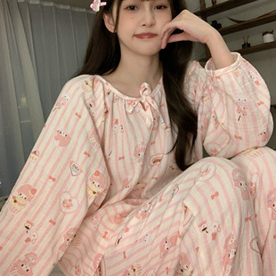 纯棉可爱美乐蒂睡衣女春夏季圆领长袖长裤双层棉纱卡通甜美家居服