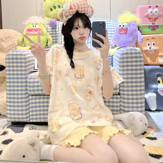 可爱黄油小熊睡衣女夏季纯棉圆领短袖套装学生卡通甜美减龄家居服